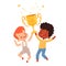 Little cute boys jump and rejoice with a golden cup in their hands. Children`s team victory in the competitions