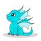 Little cute cartoon blue dragon with wings and tail. Funny fantasy character, young mythical reptile monster. Vector illustration
