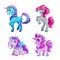 Little cute cartoon unicorn icons set. Beautiful fantasy pony.