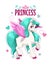 Little cute cartoon unicorn princess. Cartoon pegasus illustration.