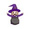 Little cute cartoon witch casts a spell over a boiling cauldron