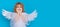 Little cute child at angel costume on  background. Kid with angel wings.  studio shot. Horizontal header