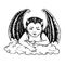 Little cute devil baby sittingon cloud and looking down, front view, black wings, doodle drawing, woodcut