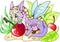 Little cute dragon eating cherry, funny illustration