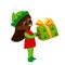 Little cute elf holds a gift in his hands. The child is very happy. Christmas vector illustration.