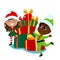 Little cute elves stand near a huge pile of gifts and smile cheerfully. Mood of fun, Christmas and holiday.