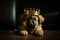 Little cute fluffy German Shepherd puppy wearing golden crown on his head, laying on floor in dark room. Royal breed, king dog