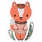 Little cute fox in a pink sweater and grass on a white background. Lovely stylized Scandinavian style cartoon illustration for tod