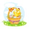 Little cute funny character chicken on the basket vector