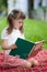 Little cute girl with book on plaid in park