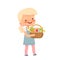 Little cute girl carries a basket with colored eggs, tulips and Easter cake for the Easter holiday. Spring holiday