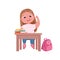 A little cute girl character at desk on lesson. Schoolgirl goes study in junior school