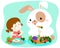 Little cute girl eating vegetable with fluffy rabbit .