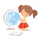 Little Cute Girl Examining Globe and Learning to Read Vector Illustration