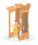 Little cute girl play telephone booth, cardboard call box, female cheerful character cartoon vector illustration