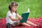 Little cute girl preschooler with book in park