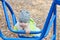 Little cute girl in vest climbs on blue ladder