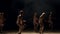 Little cute girls dancing ballet on theater stage on black background in smoke.