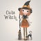 Little cute Halloween girl witch with black cat and broom. Vector illustration.