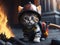 little cute kitten firefighter on the background of the fire.