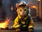 little cute kitten firefighter on the background of the fire.