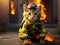 little cute kitten firefighter on the background of the fire.