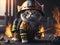 little cute kitten firefighter on the background of the fire.