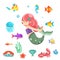 Little cute mermaid swimming under the sea fishes animals flat design vector