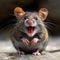 Little cute mouse laughs smiles, close-up portrait, funny photo with animal