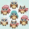 little cute owls in winter clothes: red striped hats and scarves with a pompon, a winter owl, shelter from the cold