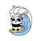 Little cute panda rides on a surfboard and is scared. Big wave on the sea. Vector flat illustration in linear style on white