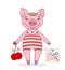 Little cute pig in cartoon style in a striped bathing suit