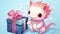little cute pink axolotl and box with gifts, on a blue background, banner, copy space