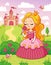 Little cute princess in a beautiful dress sniffs a red flower on the background of a castle in a green meadow