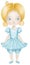 Little cute princess in lightblue dress and trousers with colden crown