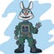 A little cute rabbit in a green military uniform. Vector.
