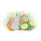 A little cute rabbit stands and holds on to an egg decorated for the holiday. Easter eggs, grass and daisies.