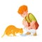 Little cute redhead boy feeding his cat with milk. Cartoon vector illustration.