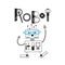 Little cute robot and the inscription of the details and gears. Vector illustration