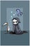 A little cute skull wearing black cloak with small white ghost carrying ax