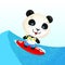 Little cute surfing panda on blue wave