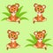 Little cute tiger cubs on the green grass background. Vector cartoon illustration