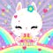 Little cute white bunny with a cake on rainbow. Magic world. Birthday. Greeting card. Childrens poster.