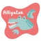 A little dangerous baby crocodile hunts out of the water and shows all his teeth. Kid alligator in flat style. Text