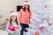 Little daughter holds a lot of pink glass baubles, her mother stands behind her, they are ready to decorate a fir-tree.