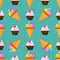 Little delicious cupcakes sweet dessert seamless pattern birthday party food cream sprinkles frosting snack vector