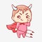 Little demon cartoon. Kawaii smiling cute demon with horns in a red cloak with a trident.