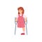 Little disabled child girl on crutches, cartoon vector illustration isolated.