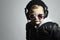 Little DJ. funny boy in sunglasses and headphones.child listening music in headphones. deejay