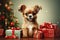 little dog with christmas gifts merry christmas